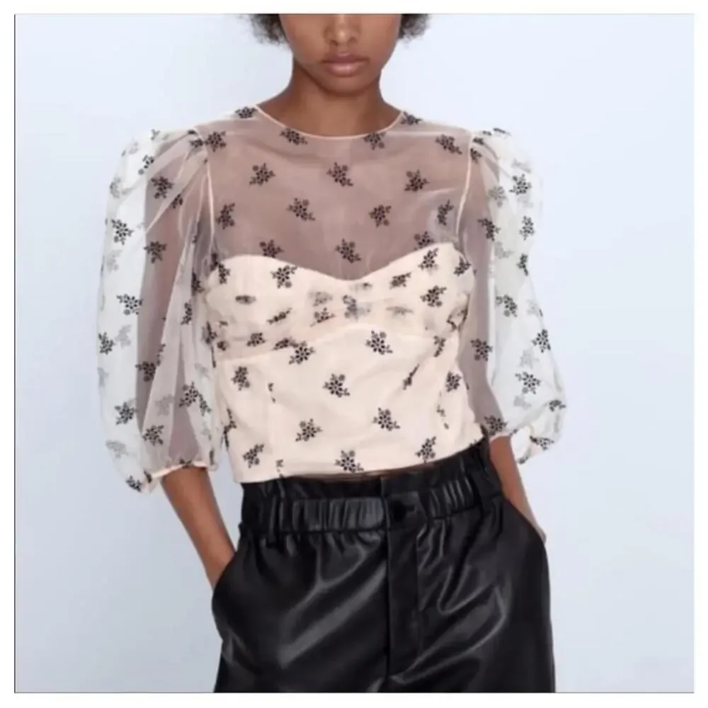 Zara Pastel Organza Blouse Sheer Floral Print Puff‎ Sleeve Size S